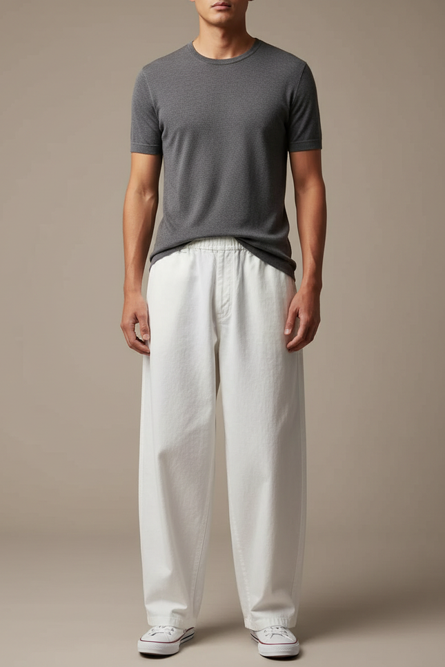 Pantalon Japonais Blanc Cassé Ample Décontracté Unisexe - Toile