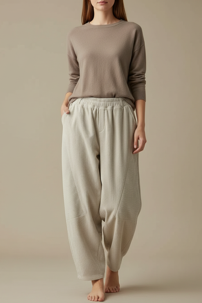 Pantalon Japonais Velours Côtelé Beige Ample Décontracté - Cordé