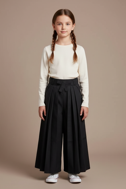 Pantalon Japonais Noir Plissé Ample Fille Décontracté - Gabardine