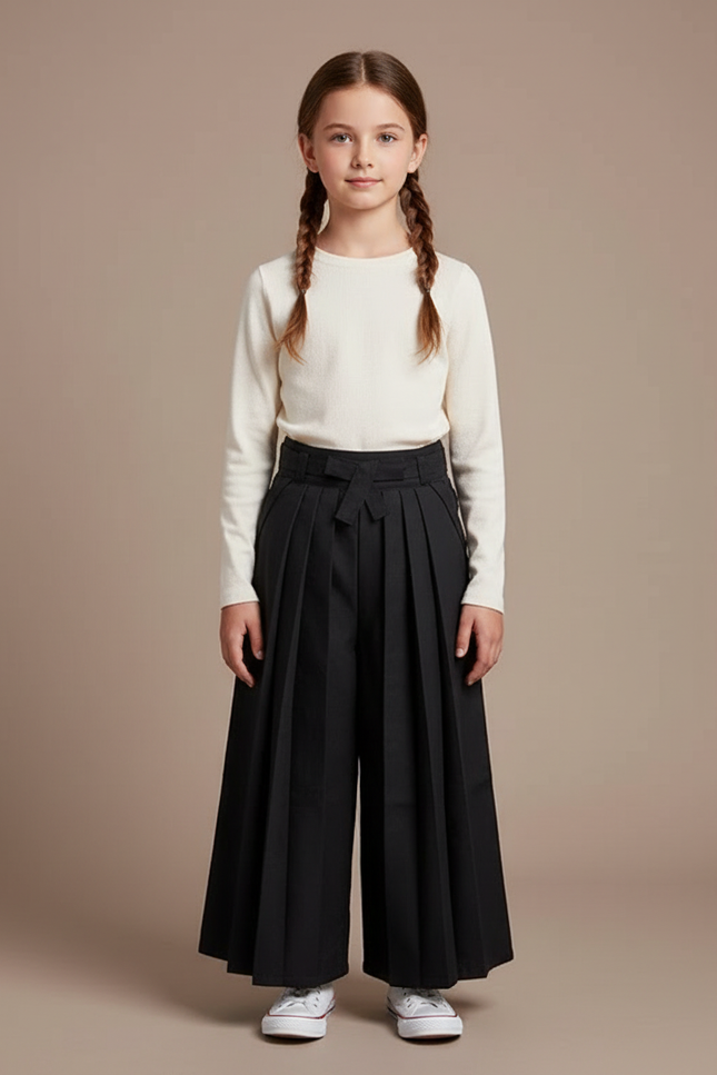 Pantalon Japonais Noir Plissé Ample Fille Décontracté - Gabardine