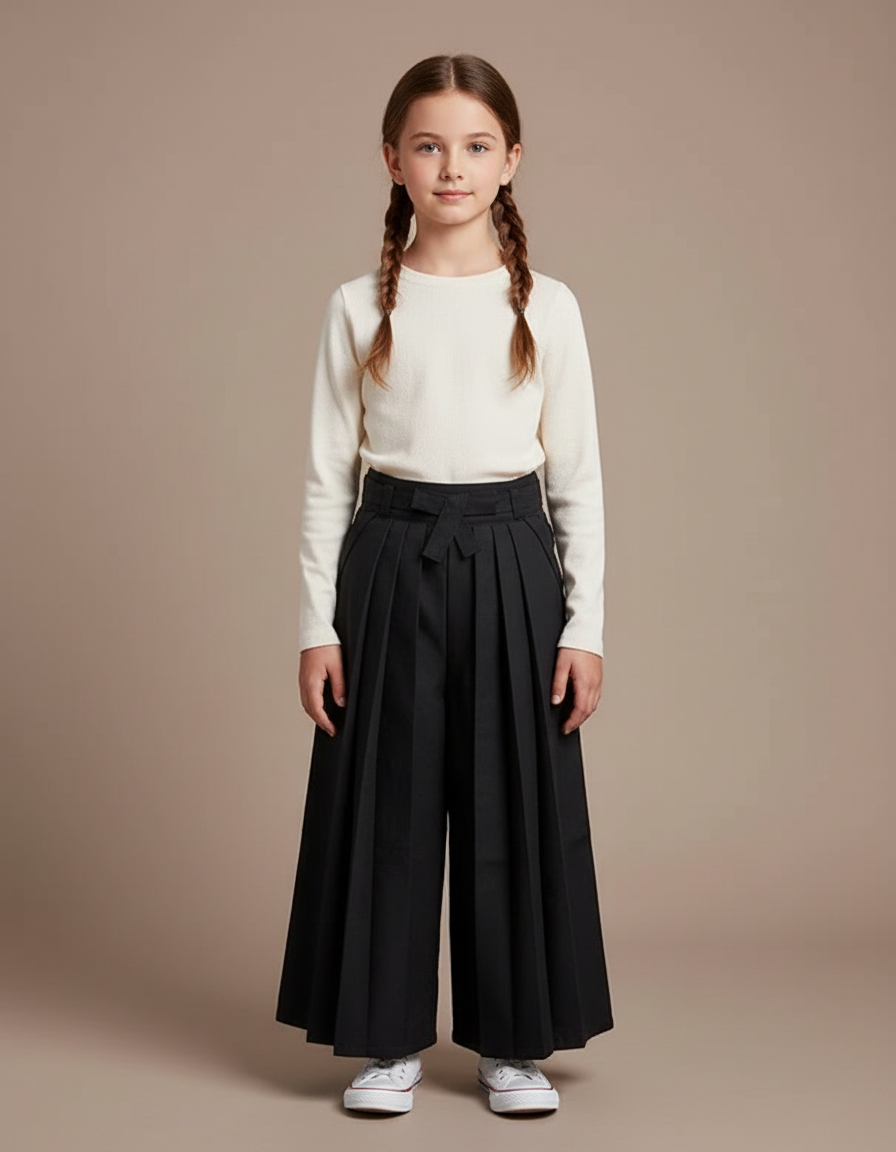 Pantalon Japonais Noir Plissé Ample Fille Décontracté - Gabardine