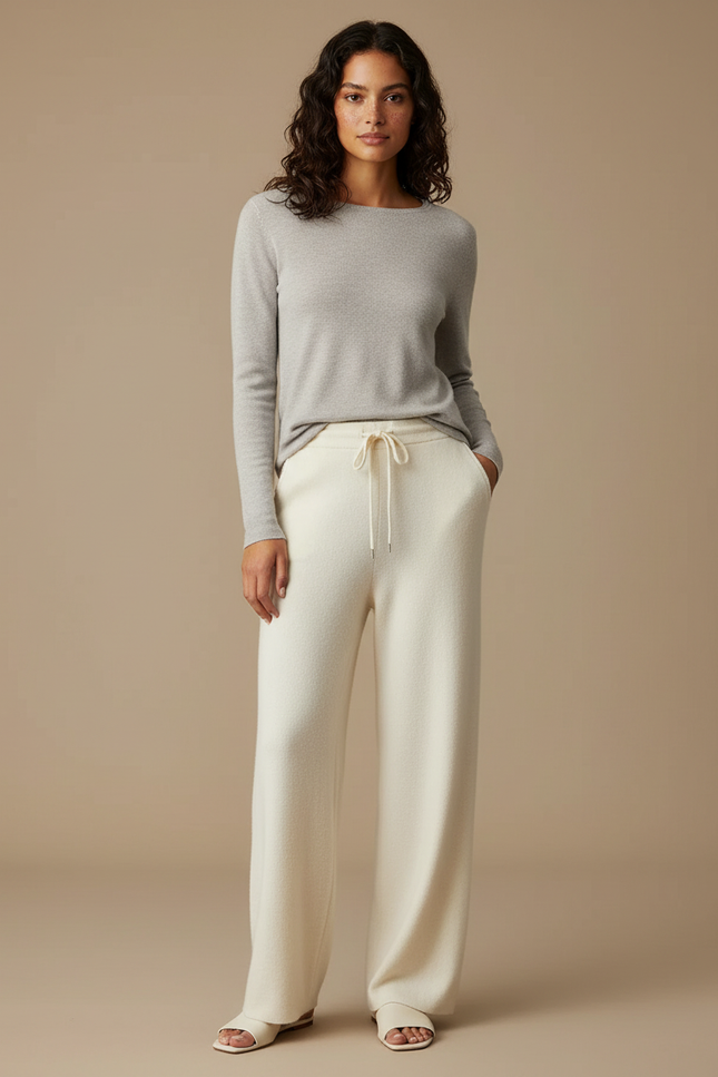 Pantalon Japonais Crème Droit Lâche Confortable Cachemire - Beige Laine