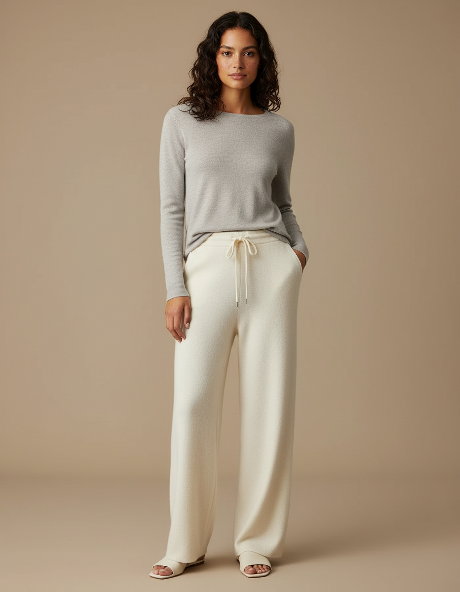 Pantalon Japonais Crème Droit Lâche Confortable Cachemire - Beige Laine