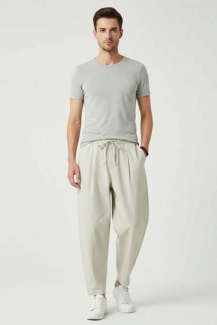 Pantalon Japonais Lin Beige Ample Décontracté Homme