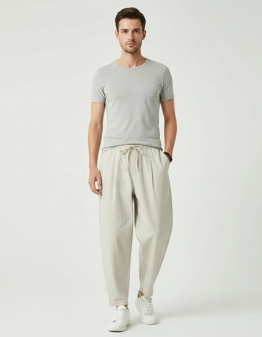 Pantalon Japonais Lin Beige Ample Décontracté Homme
