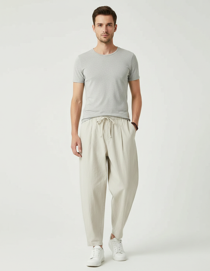 Pantalon Japonais Lin Beige Ample Décontracté Homme