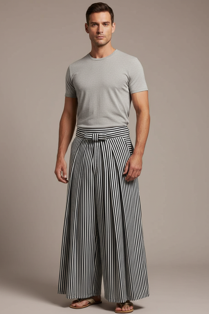 Pantalon Japonais Rayé Noir Blanc Plissé Ample Homme - Multicolore Coton