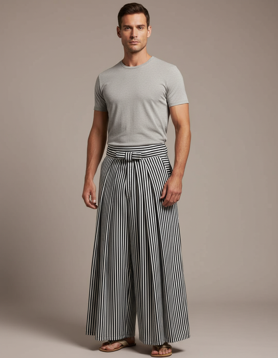 Pantalon Japonais Rayé Noir Blanc Plissé Ample Homme - Multicolore Coton