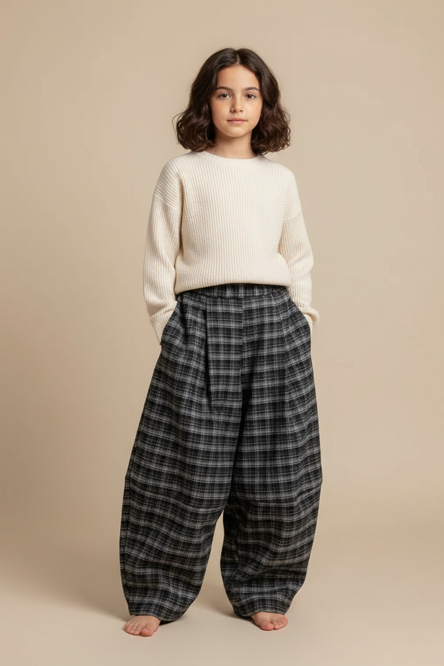 Pantalon Japonais Carreaux Gris Ample Épais Hiver Enfant - Tweed