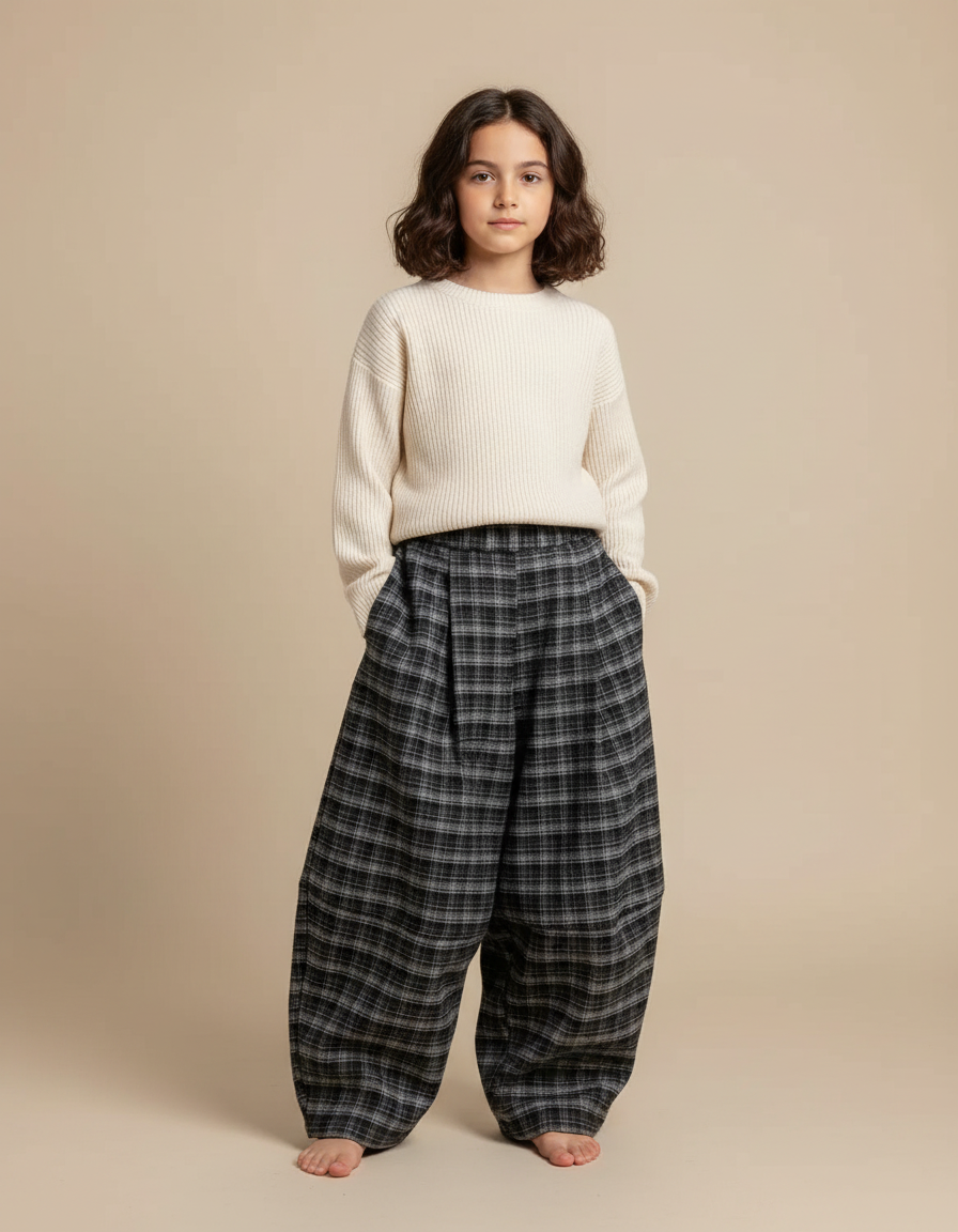 Pantalon Japonais Carreaux Gris Ample Épais Hiver Enfant - Tweed