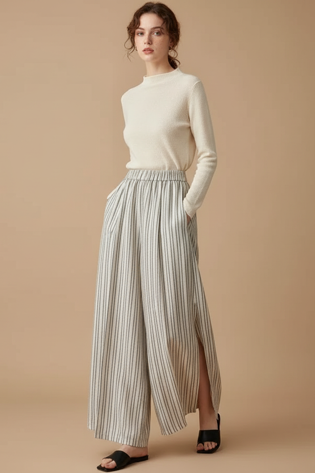 Pantalon Japonais Rayé Ample Fluide Lin Fendu - Beige