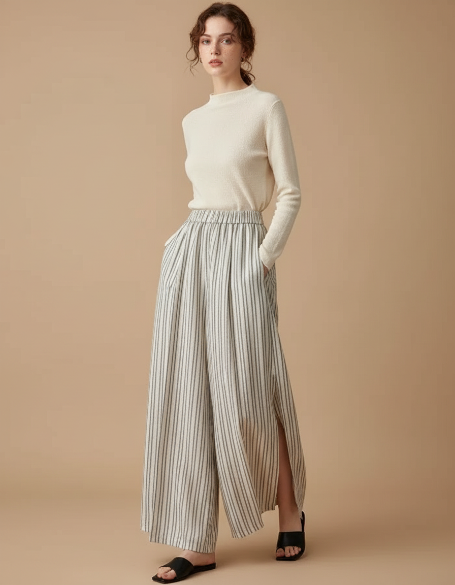 Pantalon Japonais Rayé Ample Fluide Lin Fendu - Beige