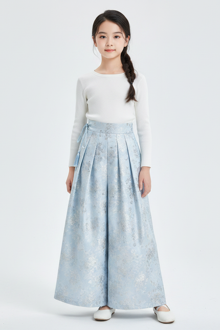 Pantalon Japonais Bleu Ciel Ample Plissé Floral Fille - Polyester