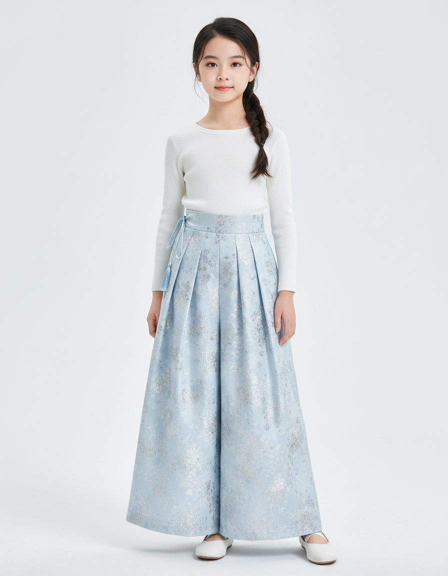 Pantalon Japonais Bleu Ciel Ample Plissé Floral Fille - Polyester