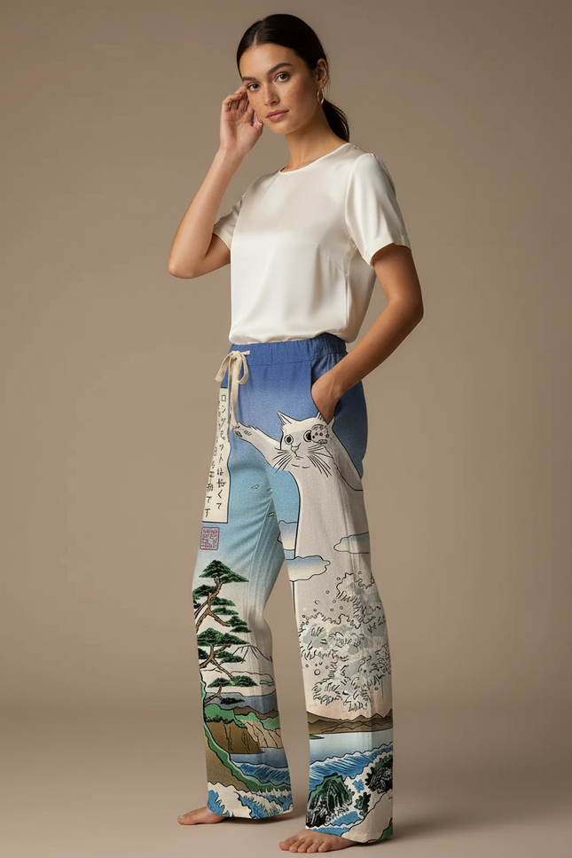 Pantalon Japonais Imprimé Chat Samurai Large Fluide Coton - Multicolore