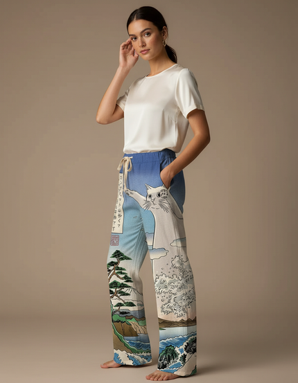 Pantalon Japonais Imprimé Chat Samurai Large Fluide Coton - Multicolore