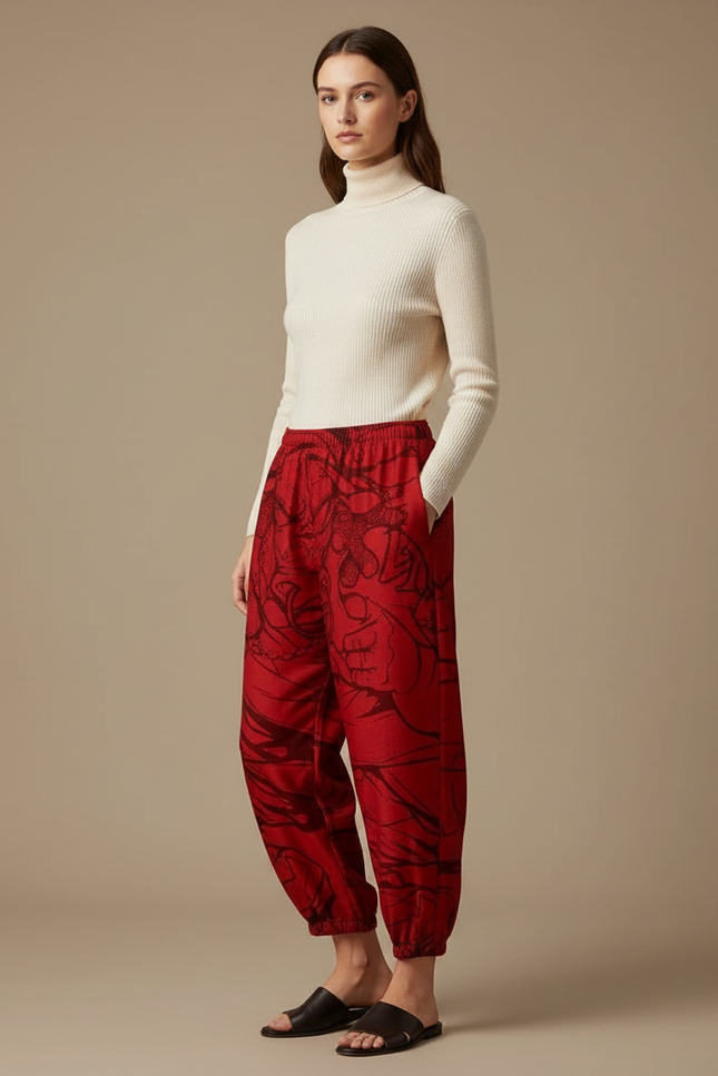 Pantalon Japonais Rouge Ample Imprimé Dragon Fluide - Viscose