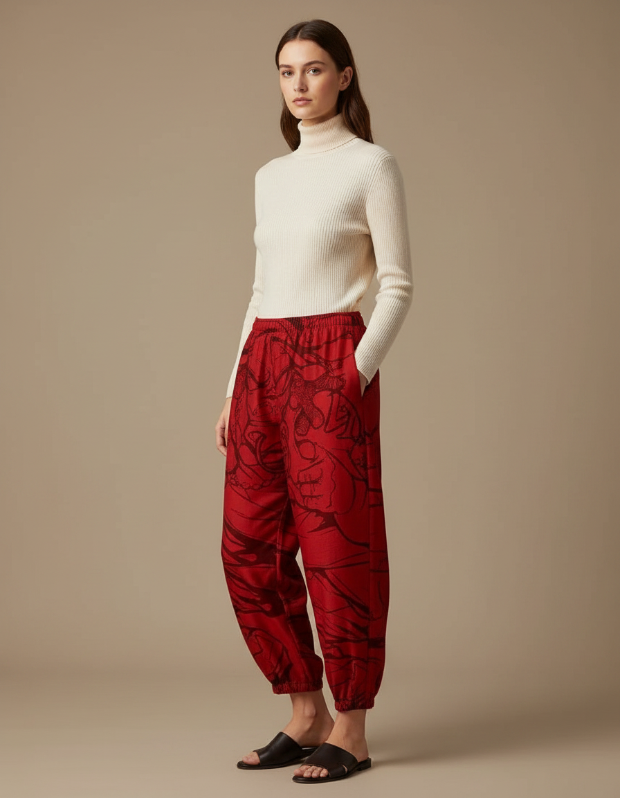 Pantalon Japonais Rouge Ample Imprimé Dragon Fluide - Viscose