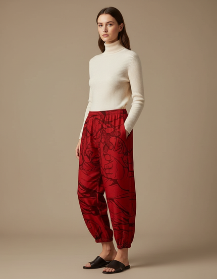 Pantalon Japonais Rouge Ample Imprimé Dragon Fluide - Viscose