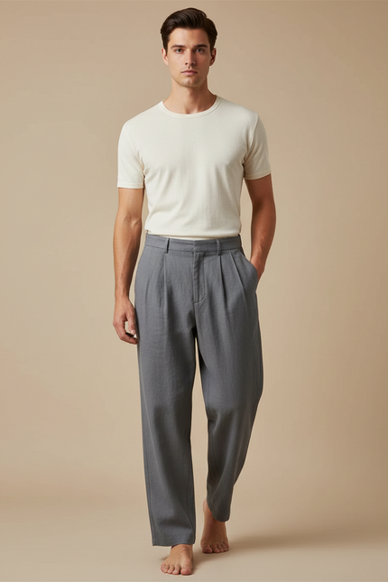 Pantalon Japonais Gris Ample Plissé Décontracté Homme - Lin