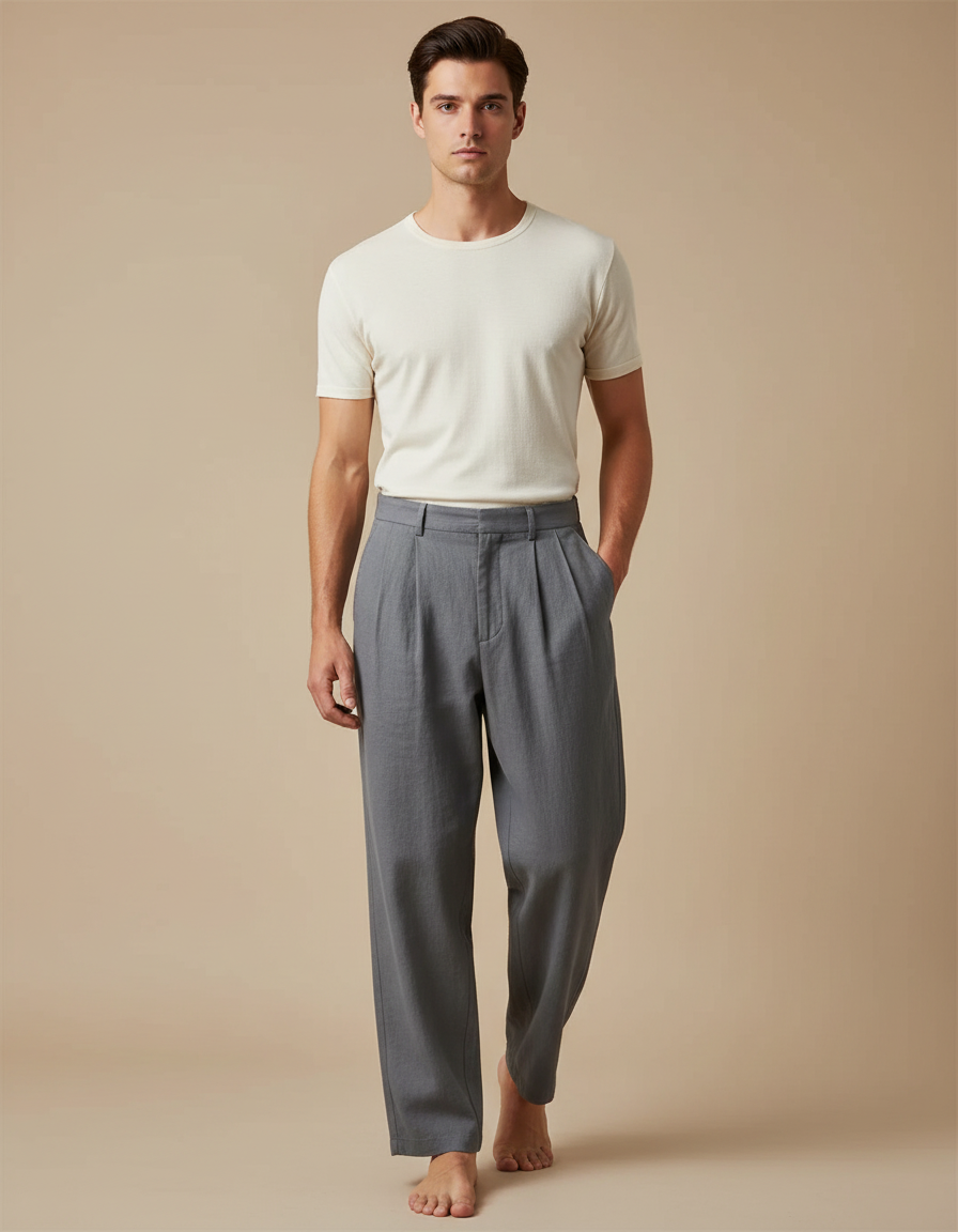 Pantalon Japonais Gris Ample Plissé Décontracté Homme - Lin