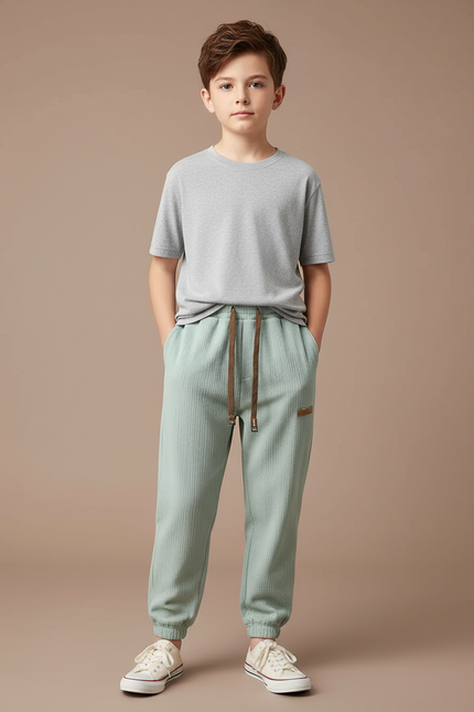 Pantalon Japonais Vert Côtelé Ample Décontracté Cordon - Cordé