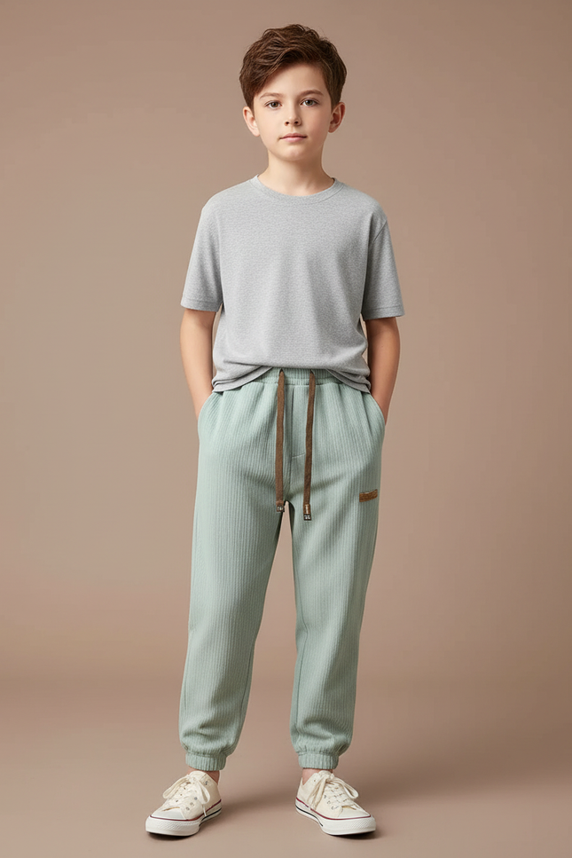 Pantalon Japonais Vert Côtelé Ample Décontracté Cordon - Cordé