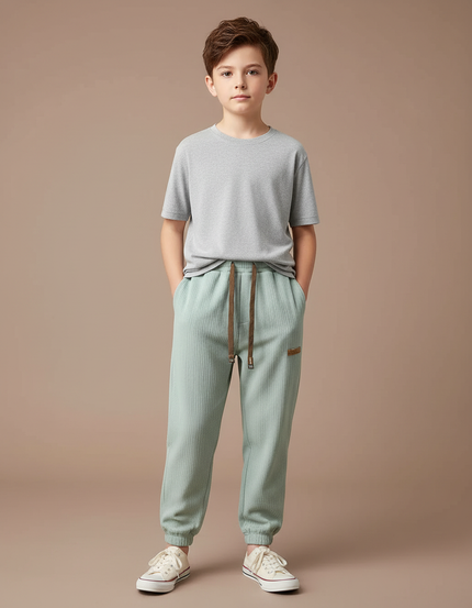 Pantalon Japonais Vert Côtelé Ample Décontracté Cordon - Cordé
