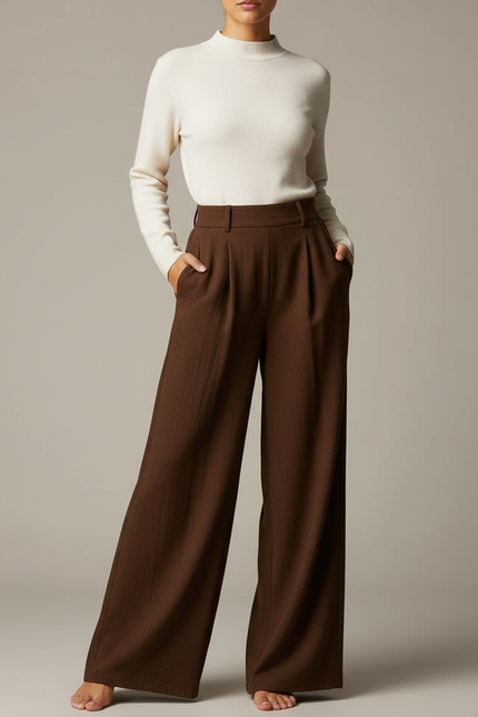 Pantalon Japonais Marron Ample Droit Élégant Hiver - Laine