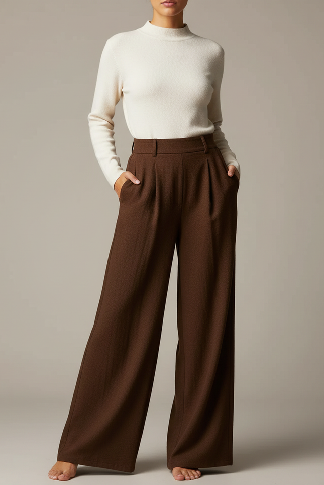 Pantalon Japonais Marron Ample Droit Élégant Hiver - Laine
