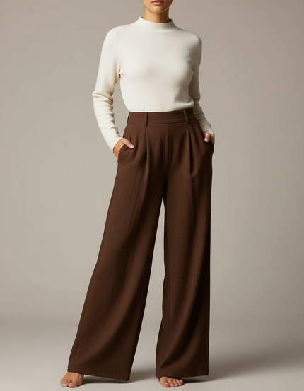 Pantalon Japonais Marron Ample Droit Élégant Hiver - Laine