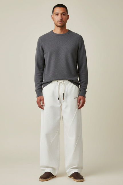 Pantalon Japonais Blanc Cassé Ample Décontracté Homme Coton