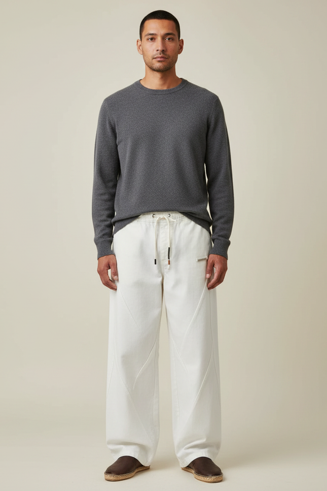 Pantalon Japonais Blanc Cassé Ample Décontracté Homme Coton
