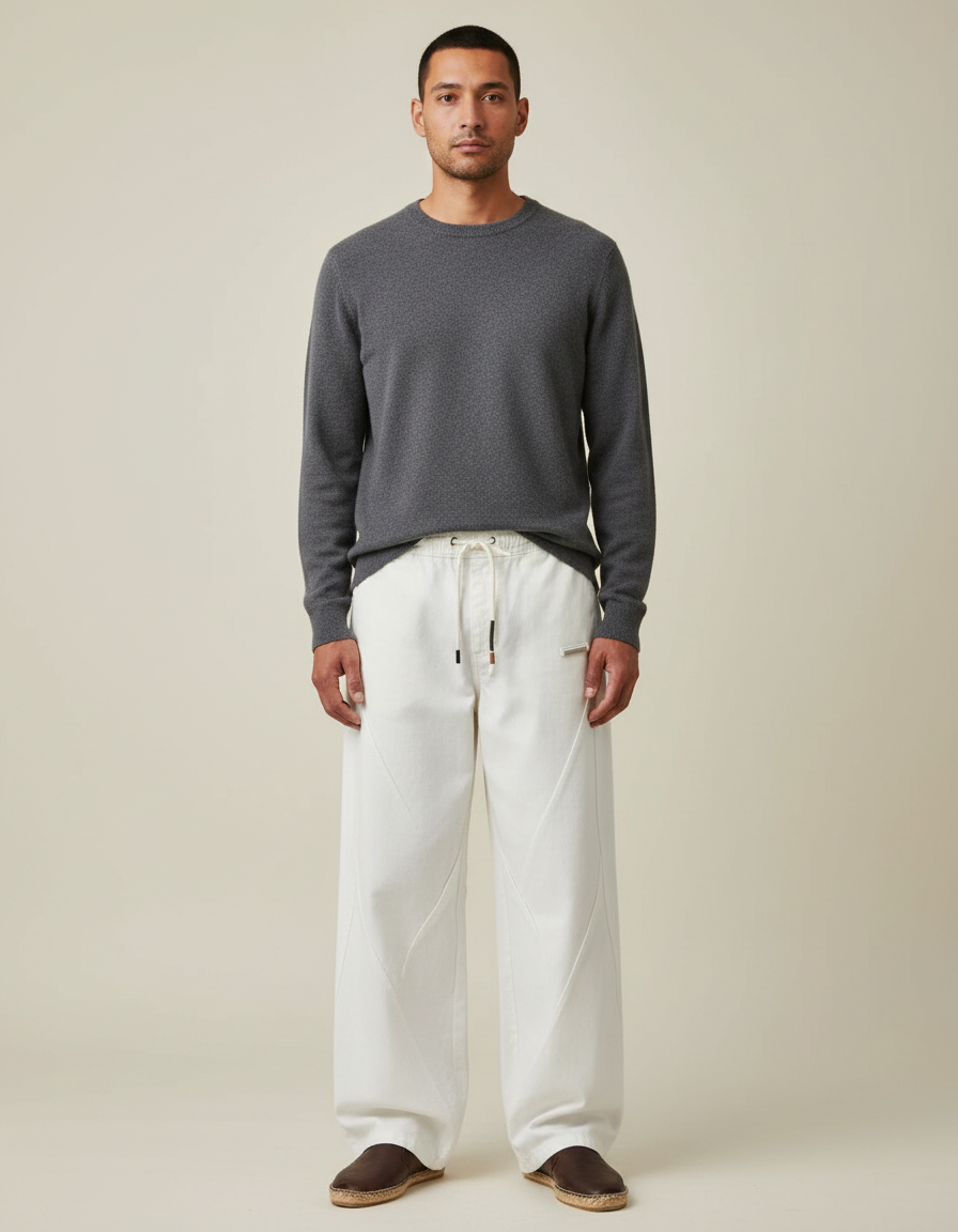 Pantalon Japonais Blanc Cassé Ample Décontracté Homme Coton