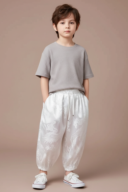 Pantalon Japonais Blanc Brodé Dragon Ample Enfant - Satin