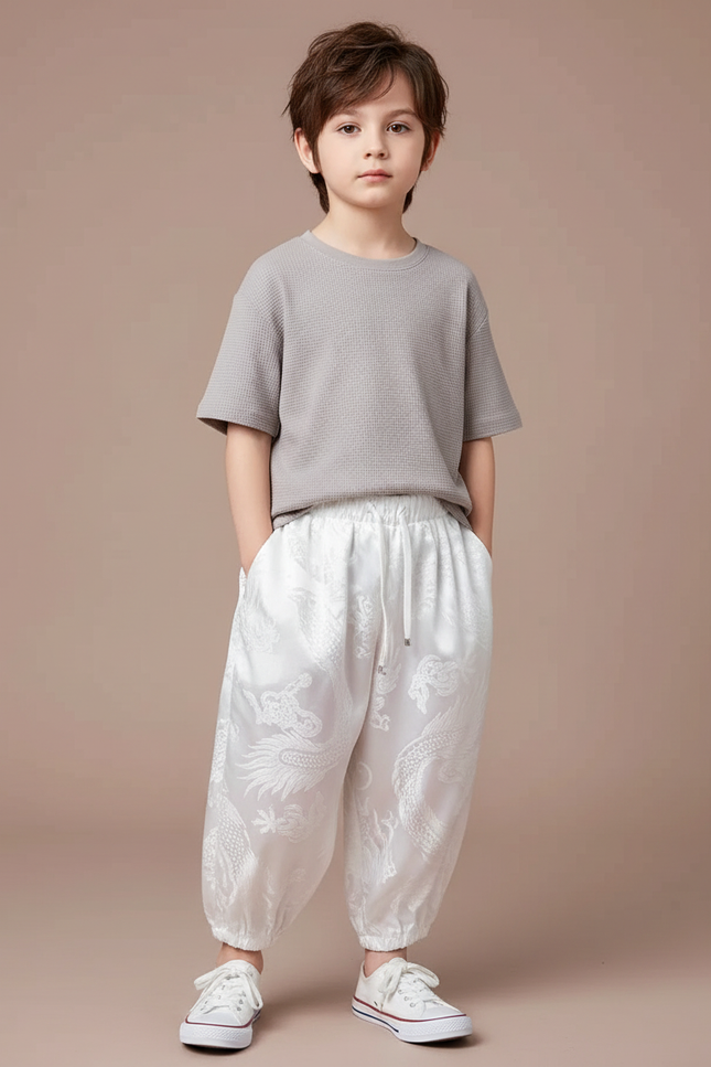 Pantalon Japonais Blanc Brodé Dragon Ample Enfant - Satin
