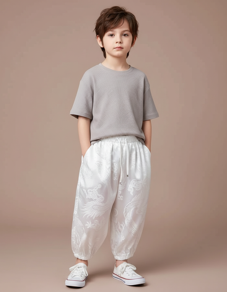 Pantalon Japonais Blanc Brodé Dragon Ample Enfant - Satin