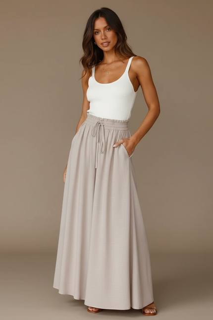 Pantalon Japonais Beige Fluide Ample Cordon Élégant - Lin