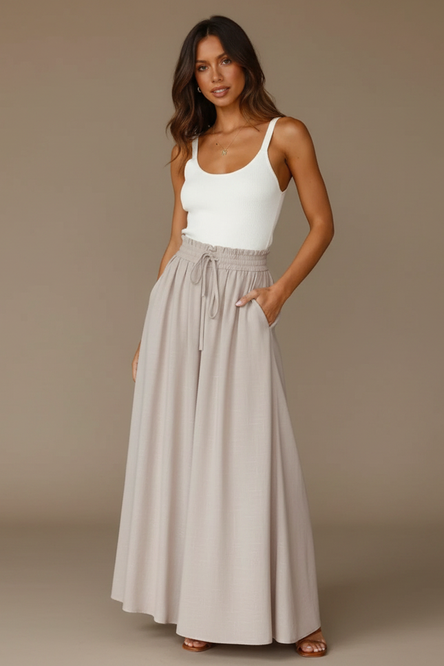Pantalon Japonais Beige Fluide Ample Cordon Élégant - Lin