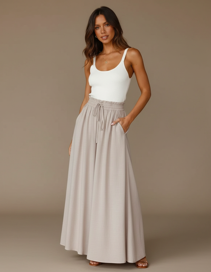 Pantalon Japonais Beige Fluide Ample Cordon Élégant - Lin