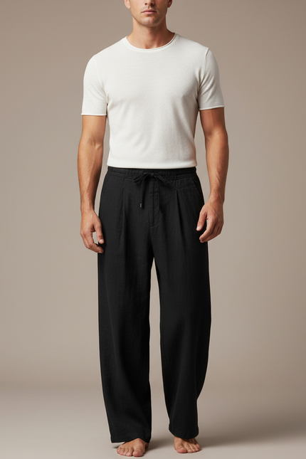 Pantalon Japonais Noir Fluide Ample Cordon Élégant - Lin