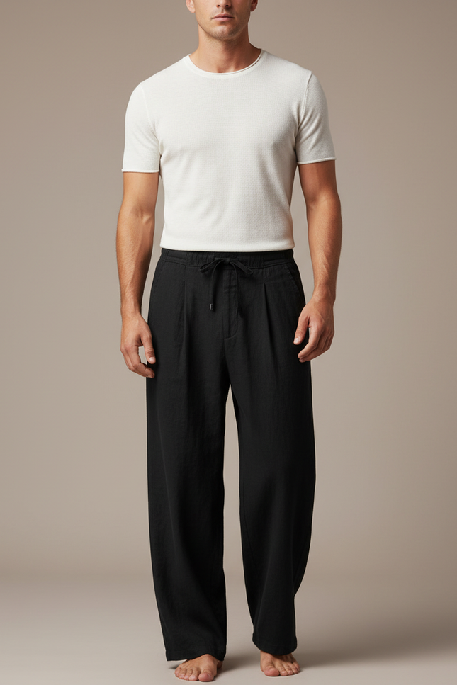 Pantalon Japonais Noir Fluide Ample Cordon Élégant - Lin