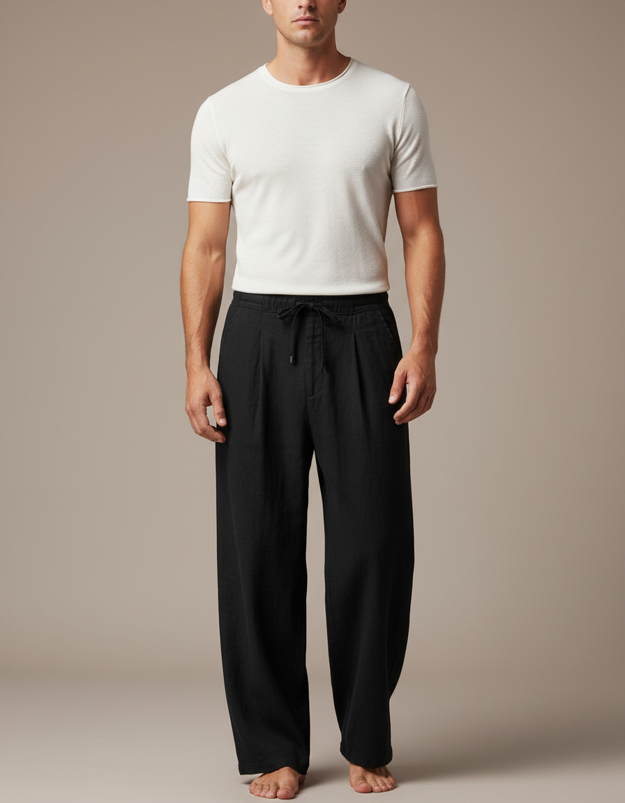 Pantalon Japonais Noir Fluide Ample Cordon Élégant - Lin