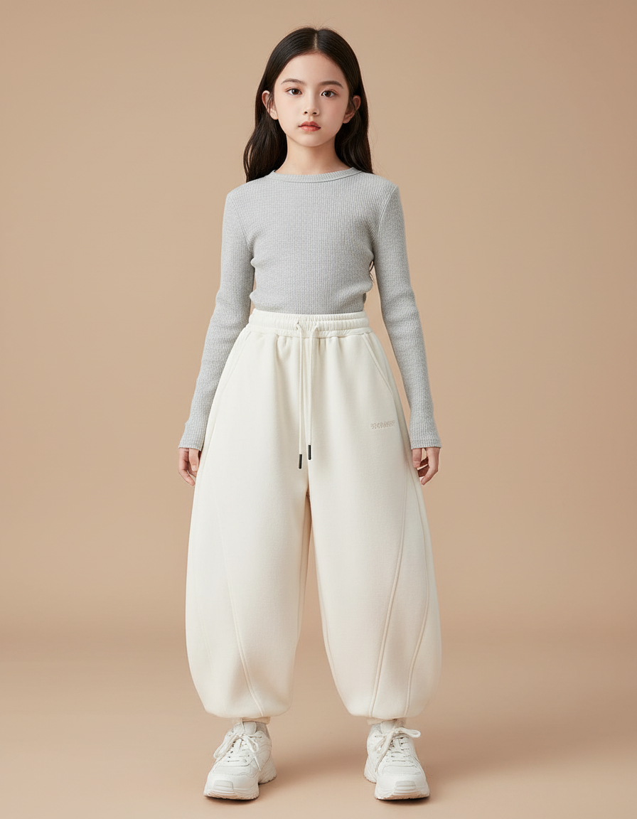 Pantalon Japonais Crème Bouffant Ample Molleton Confortable Fille - Beige