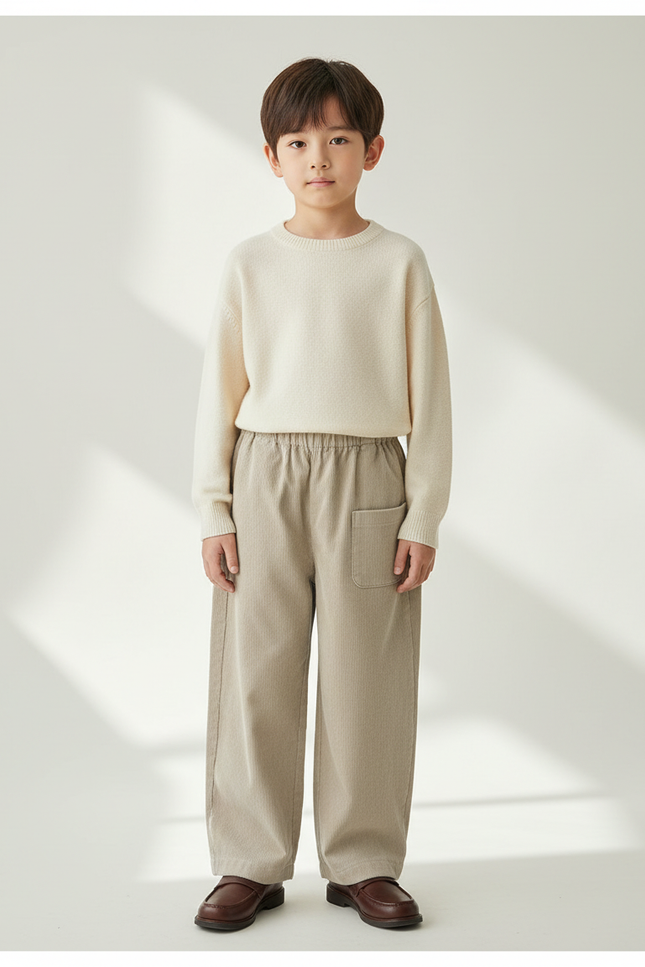 Pantalon Japonais Beige Côtelé Ample Décontracté Enfant - Cordé