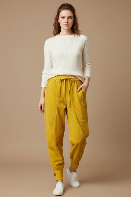 Pantalon Japonais Jaune Cordon Velours Côtelé Ample - Cordé