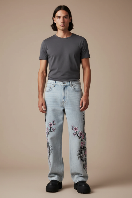 Pantalon Japonais Dragon Sakura Denim Ample Homme - Bleu Jean
