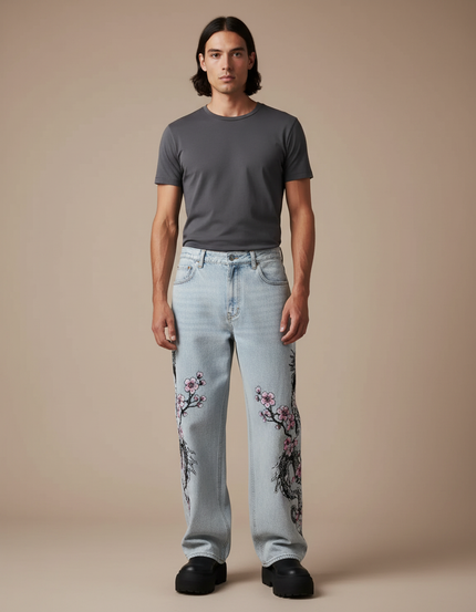 Pantalon Japonais Dragon Sakura Denim Ample Homme - Bleu Jean