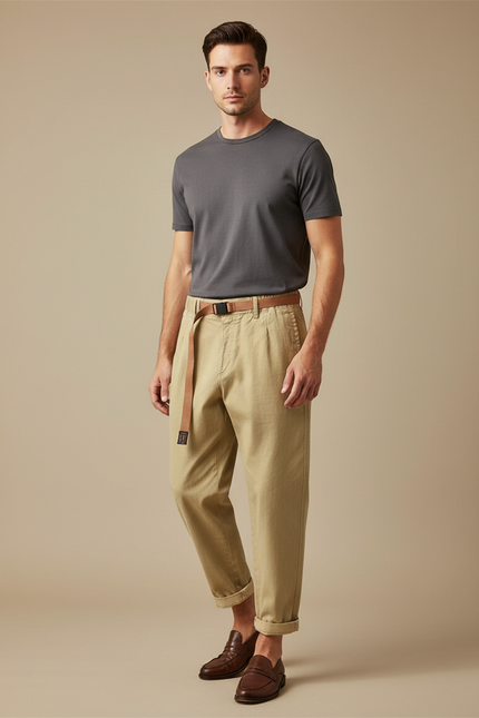 Pantalon Japonais Kaki Ample Coton Ceinturé Décontracté