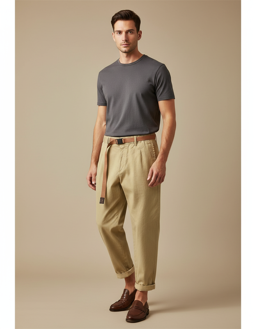 Pantalon Japonais Kaki Ample Coton Ceinturé Décontracté